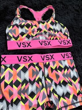VSX Neon Geo Racerback Sports Bra & Shorts - Pink, Orange, Yellow, Black gym set